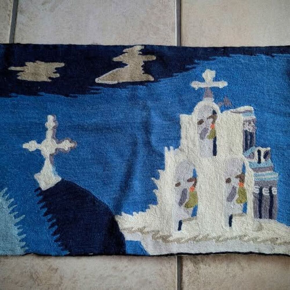 Vintage Church Cross Handmade Wool Canvas Chain Stitch Needlepoint Wall Tapestry